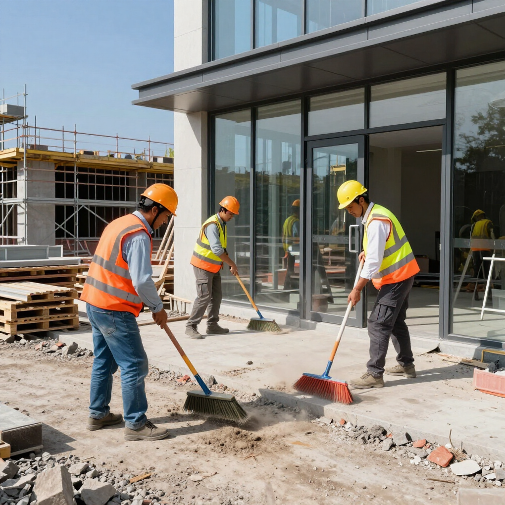 Construction workers in orange vests sweeping debris outside a glass building