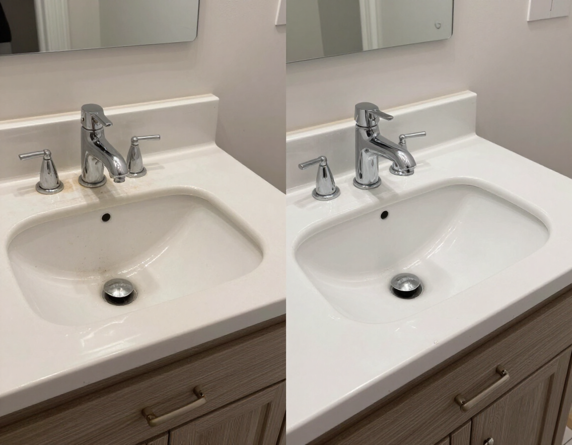 Before and after bathroom vanity plumbing repair with a new faucet and clean sink finish.