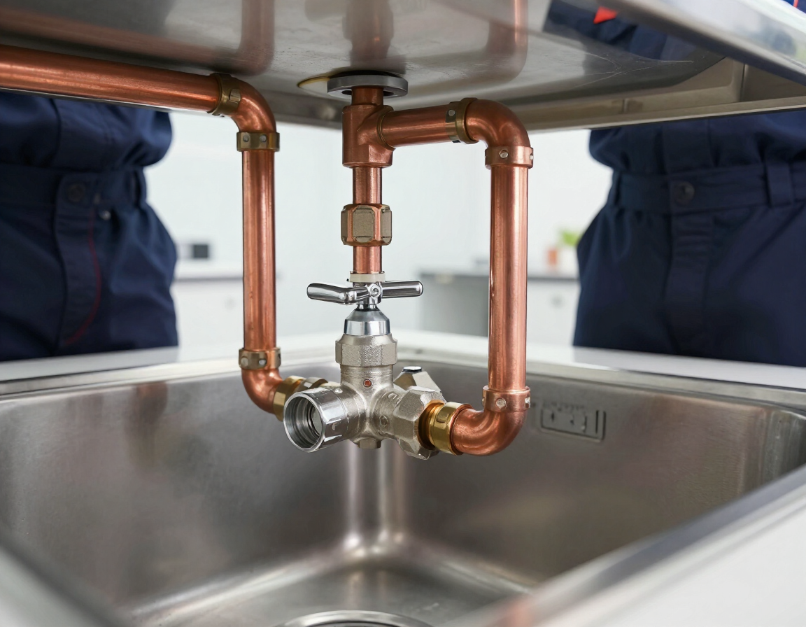 Commercial plumbing repair under a sink with new valves and clean copper piping.