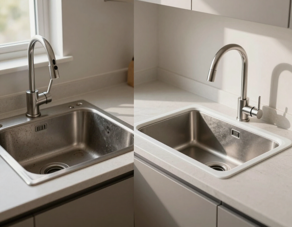 Kitchen sink replacement showing a modern faucet, fresh caulk, and a clean countertop.