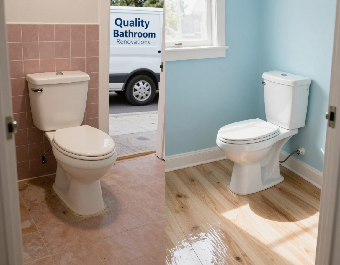 Toilet replacement with a clean new fixture and fresh floor sealing in a bright bathroom.