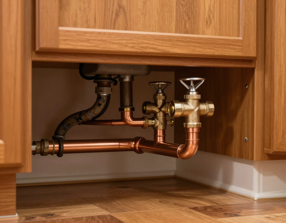 Residential pipe repair under a kitchen cabinet with new shutoff valves and organized plumbing lines.