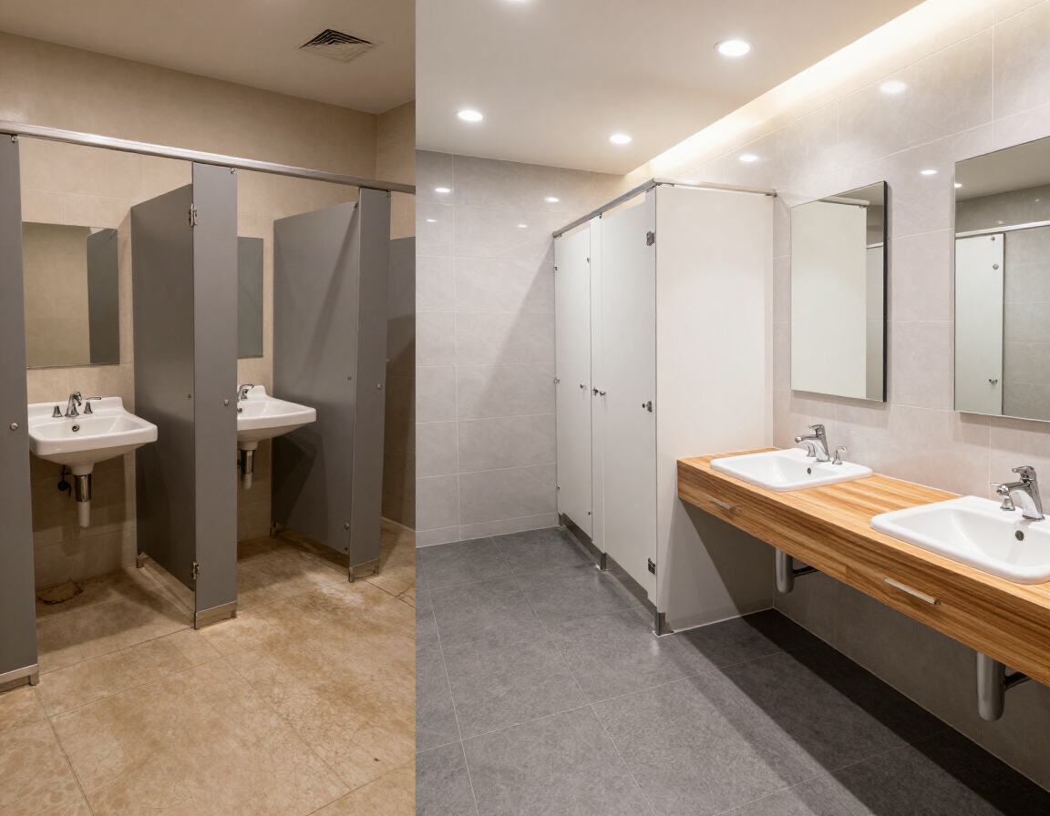 Commercial restroom fixture upgrade with fresh sinks and renovated tile.