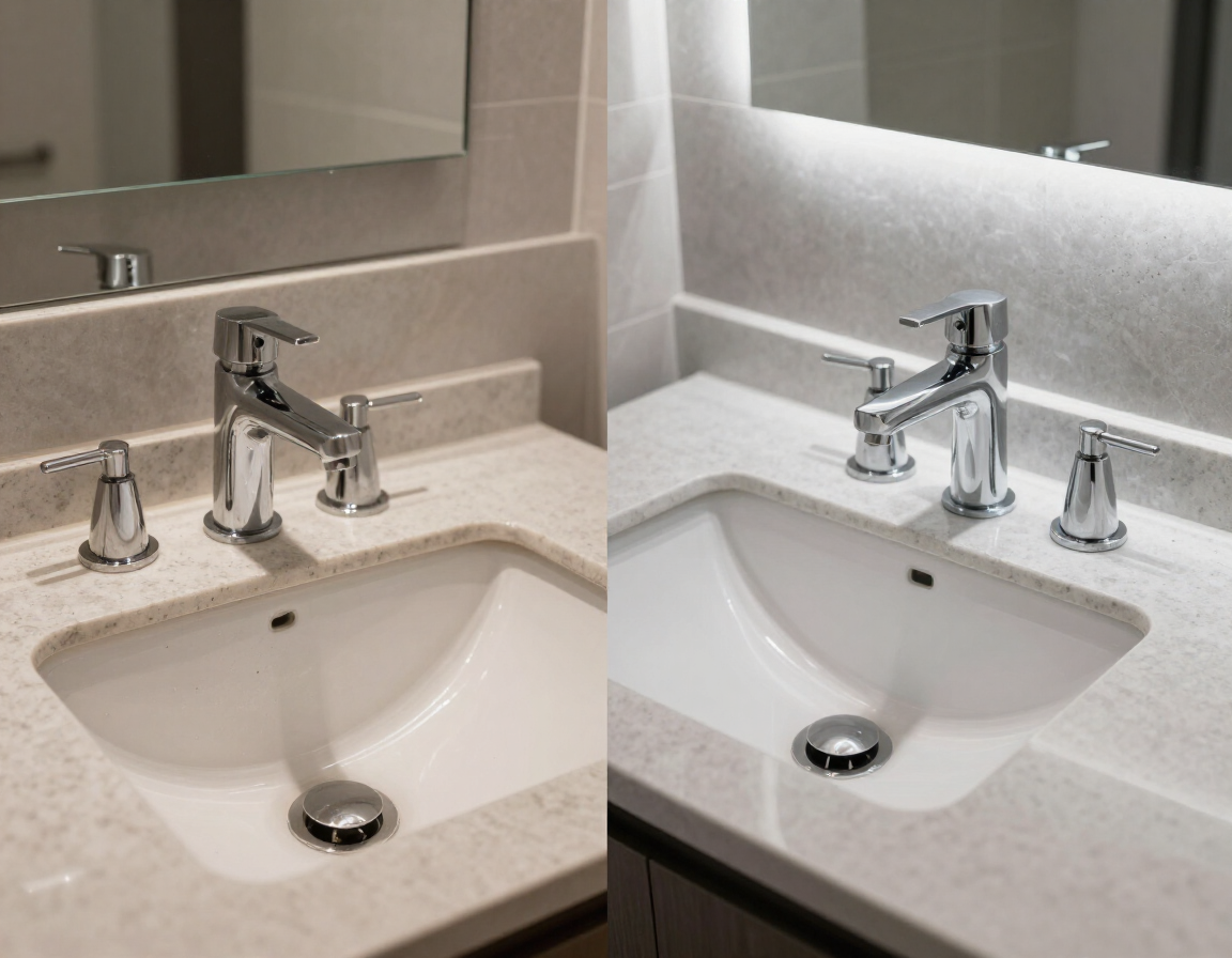 Bathroom faucet and fixture upgrade with a chrome finish and fresh sealant.