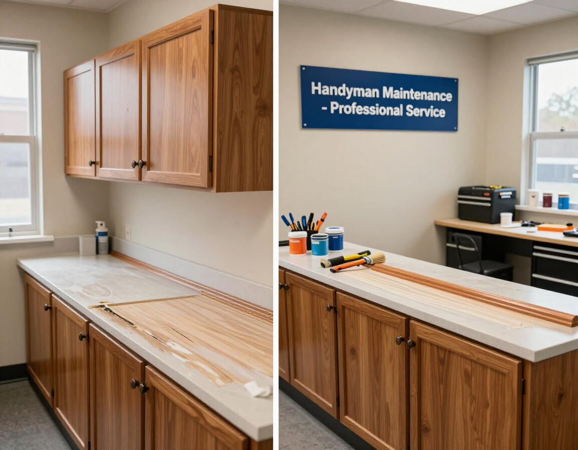 Commercial handyman maintenance in an office break room with cabinet repair and trim touchups.
