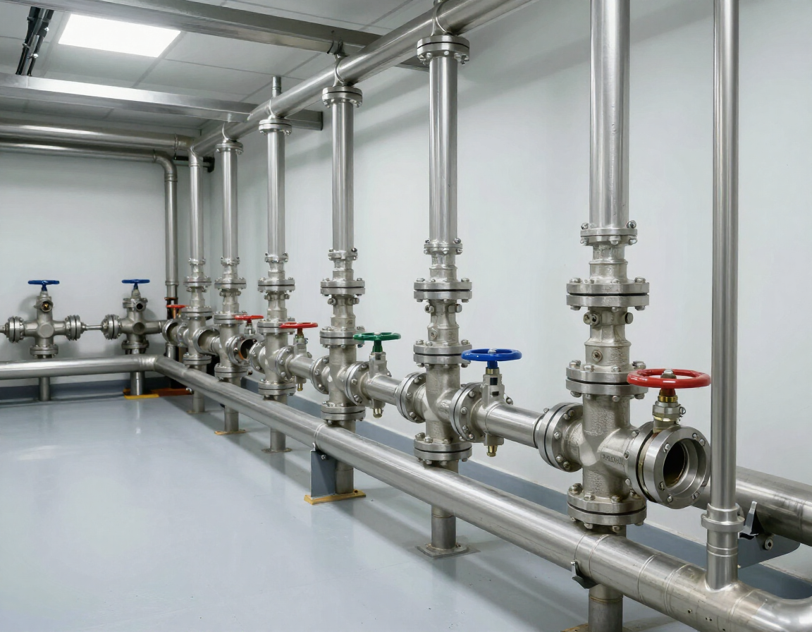 Commercial water line repair in a mechanical room with clean valves and pipe routing.