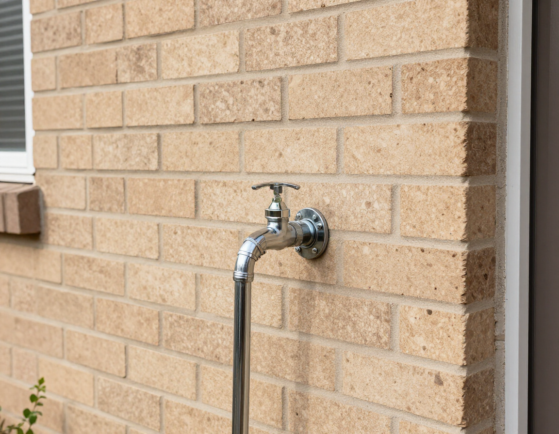 Exterior hose bib repair on a suburban home with a clean new fixture.