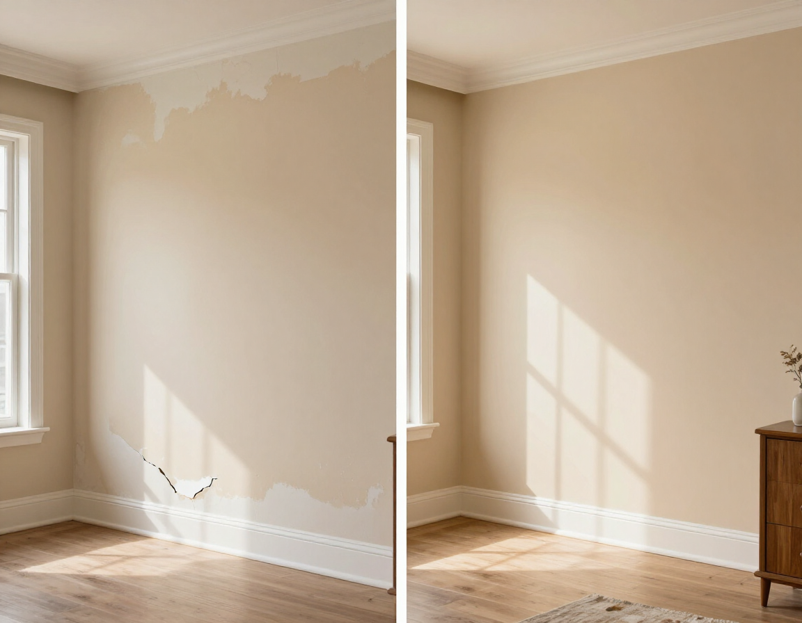 Handyman home repair with drywall patching, trim repair, and fresh paint in a living room.