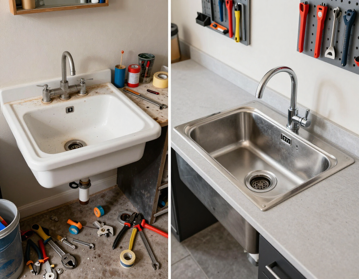 Garage utility sink replacement with a new faucet and organized tools nearby.