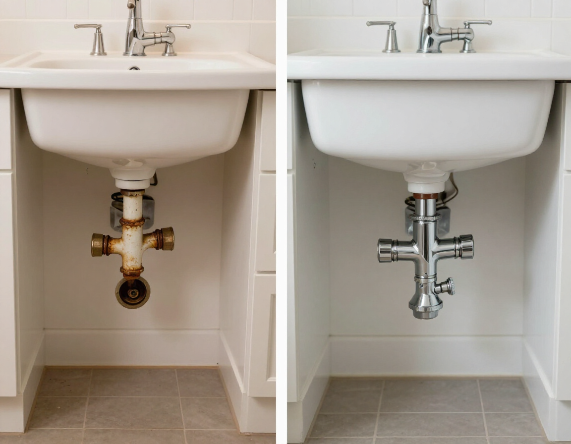 Sink trap repair with new drain connections in a bright laundry room.