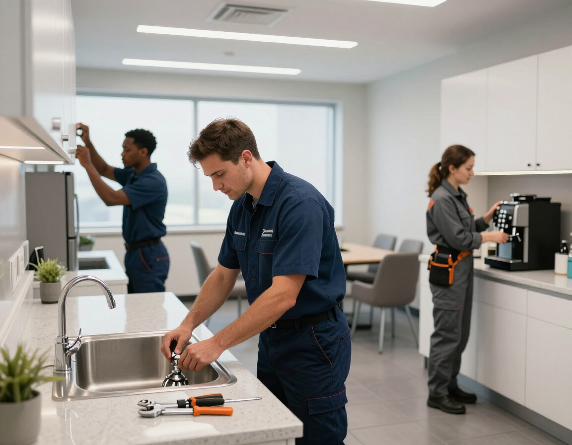 Commercial maintenance team performing repairs in an office break room.