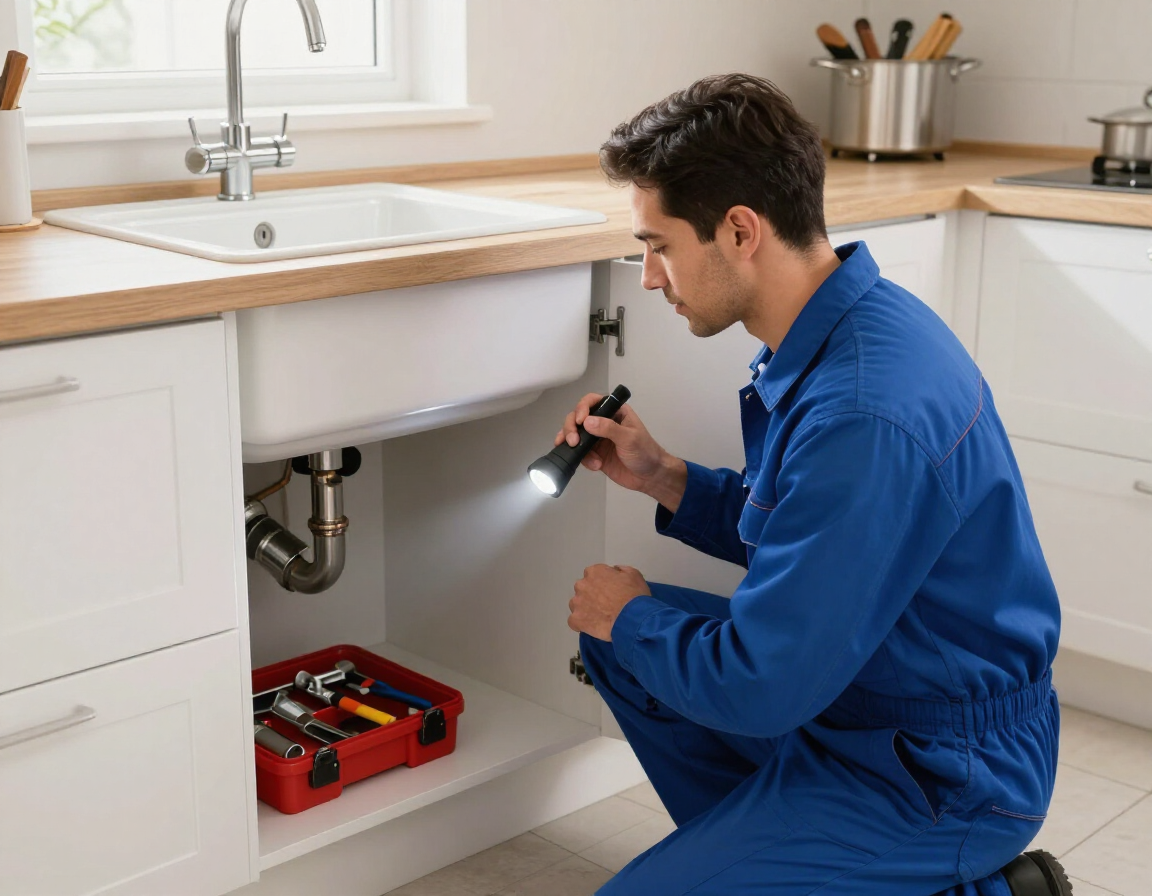 Plumber inspecting under a kitchen sink for a leak in a modern home.
