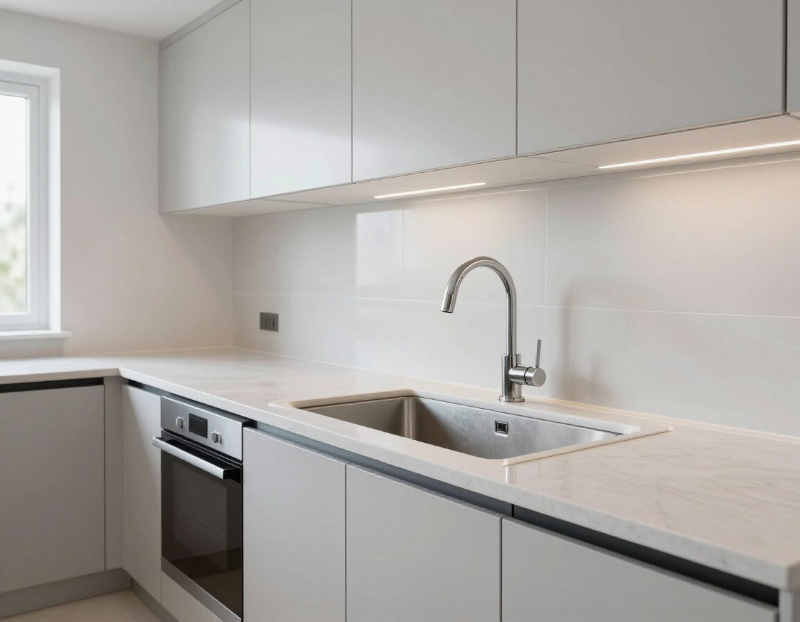 Clean modern kitchen showing a freshly repaired sink and countertops.