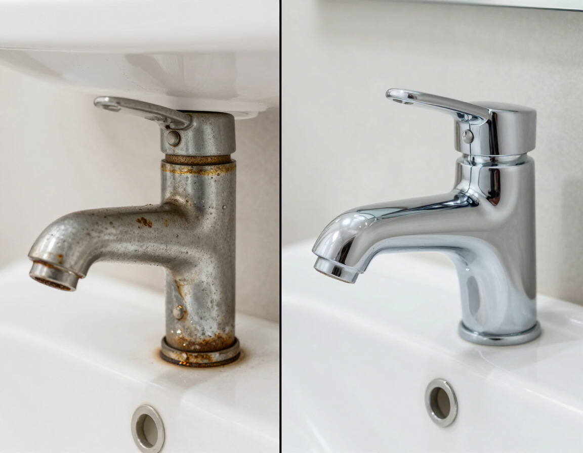 Before-and-after style view of a restored bathroom plumbing fixture.