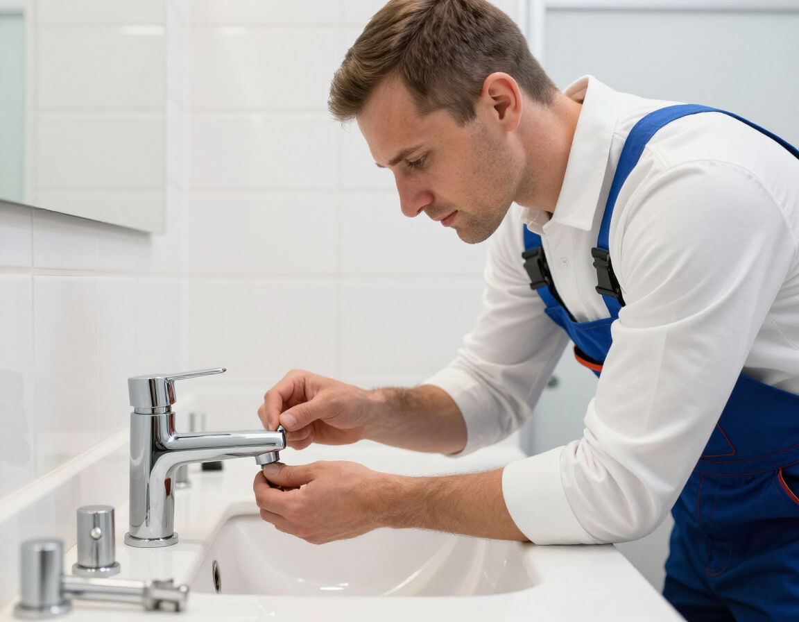 Plumber replacing a bathroom faucet with modern chrome fixtures.