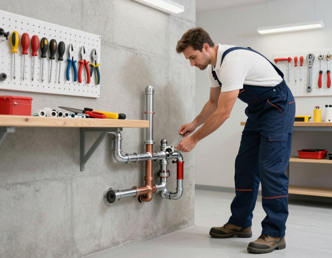Technician repairing plumbing pipes in a clean utility room.