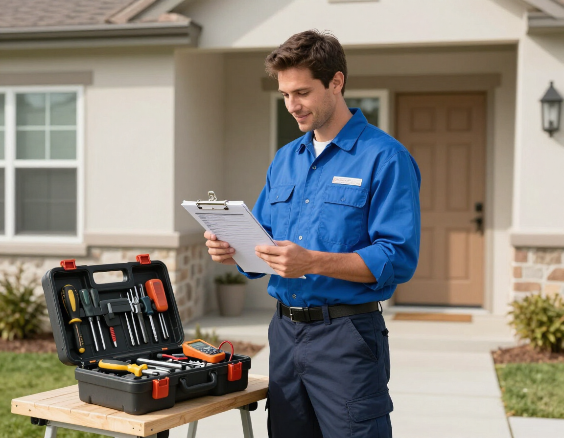 Technician reviewing a service checklist during a home visit.