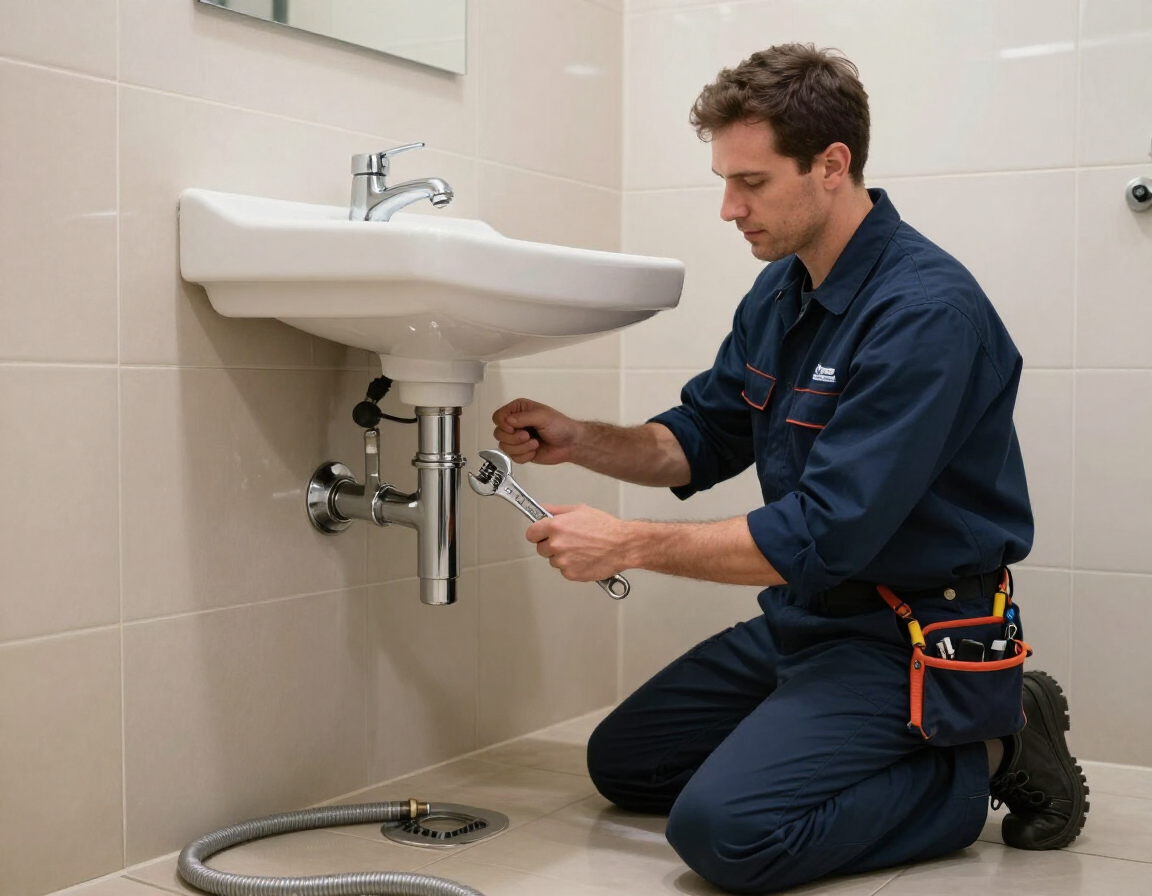 Plumber repairing a commercial restroom sink fixture.