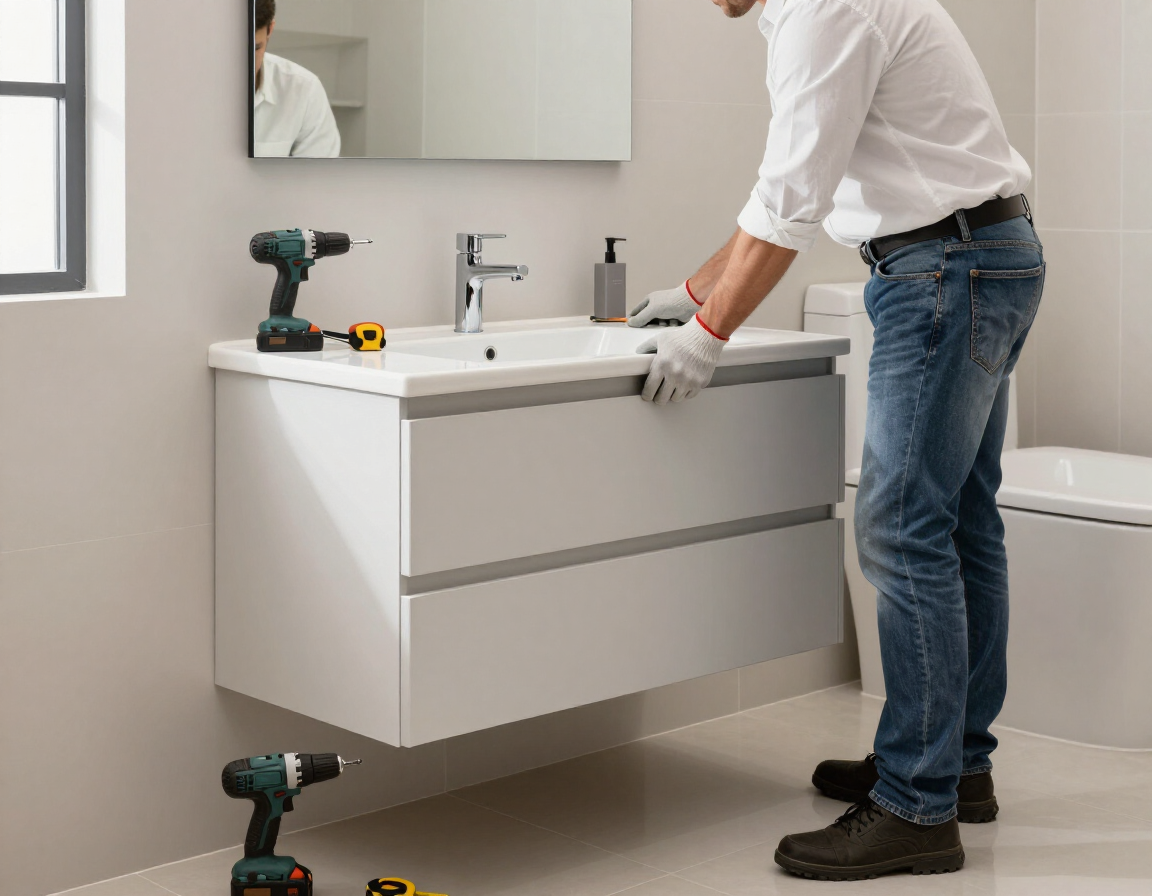Contractor installing a new bathroom vanity and sink.