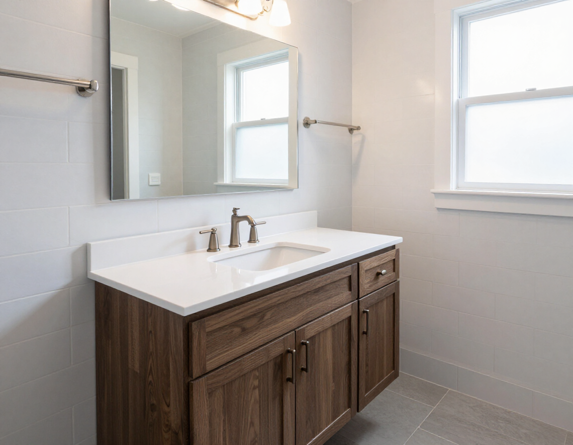 Updated bathroom vanity and fixtures after a quality repair.