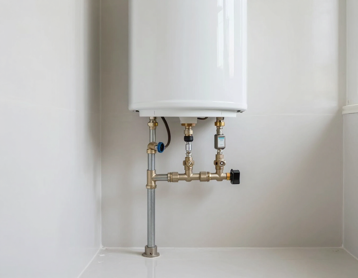 Professional water heater installation in a clean utility room.
