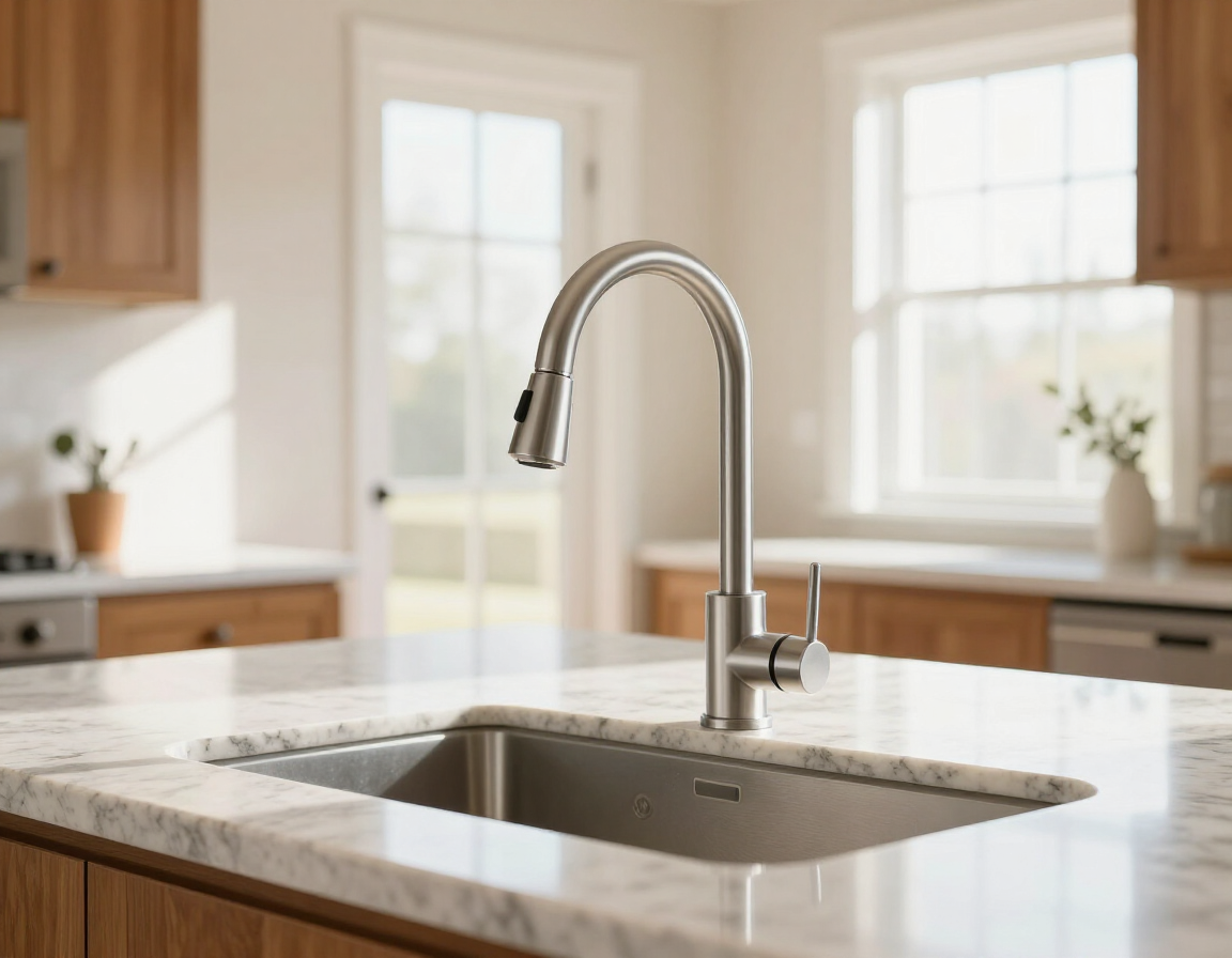 Finished kitchen faucet installation in a bright home interior.