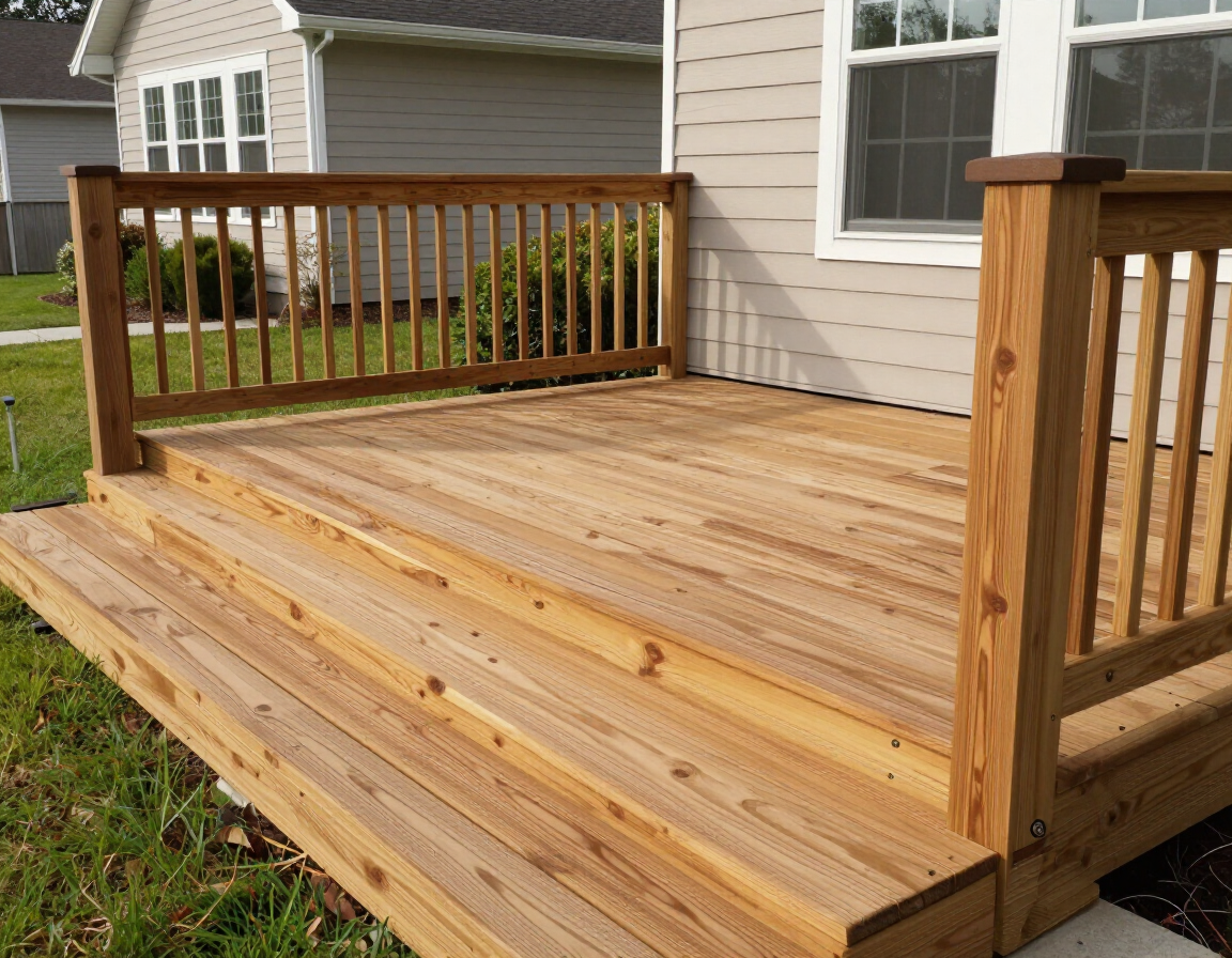Residential deck repair with fresh boards and railings.