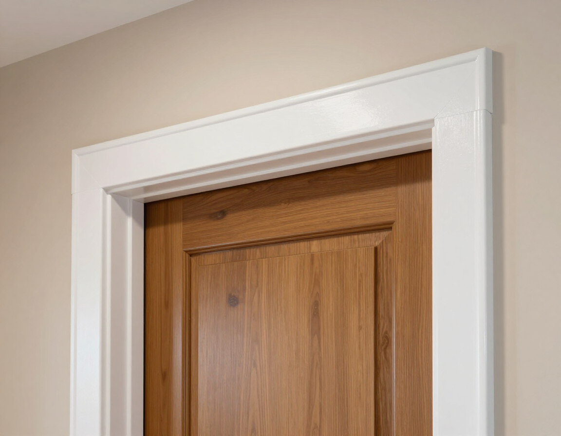 Freshly repaired door frame and trim in a home interior.