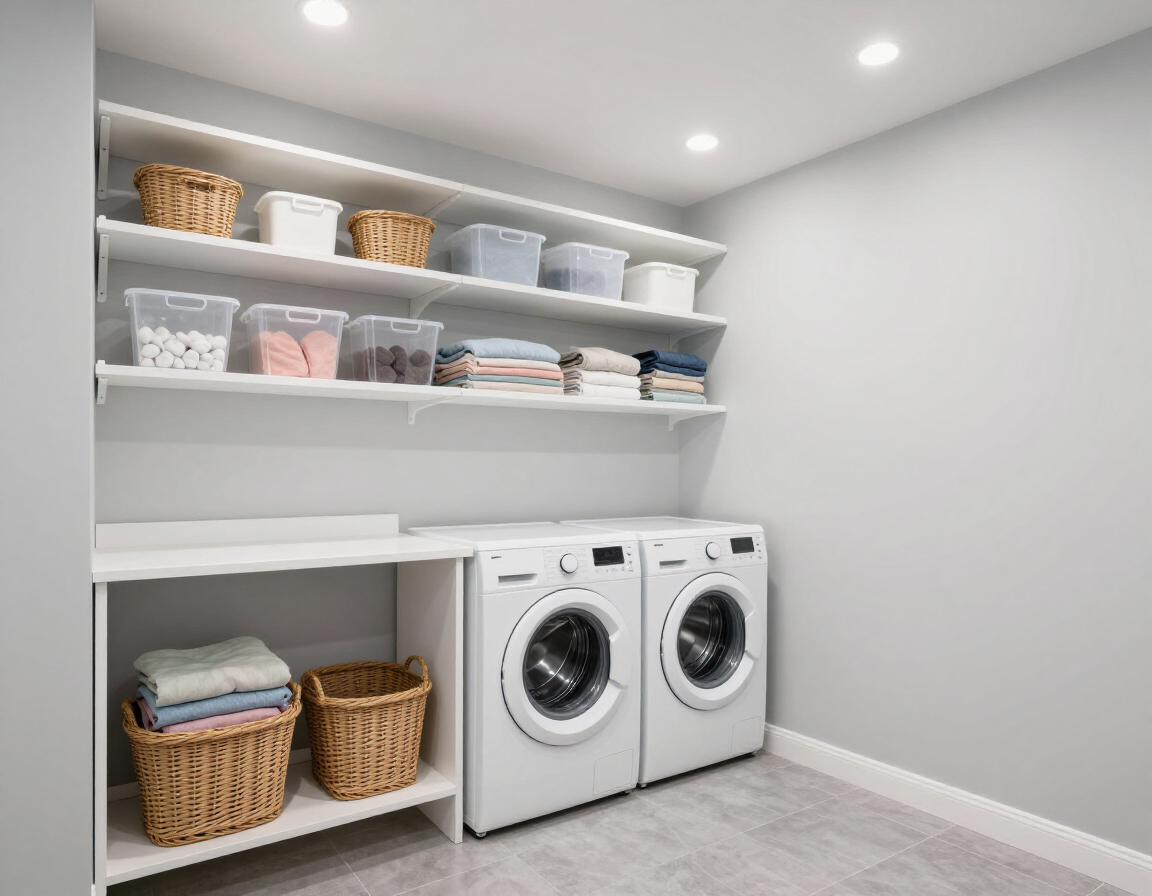 Finished laundry room remodeling with shelves and fresh paint.