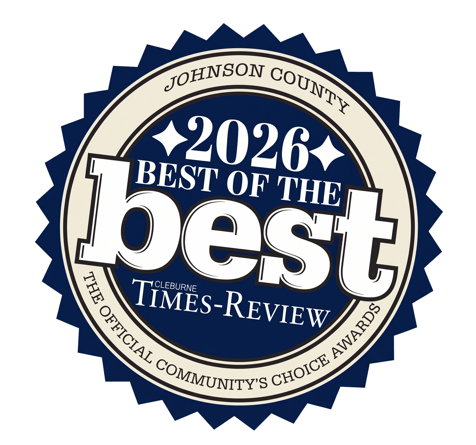 Johnson County 2025 Best of the Best award seal. Blue and white with jagged border.