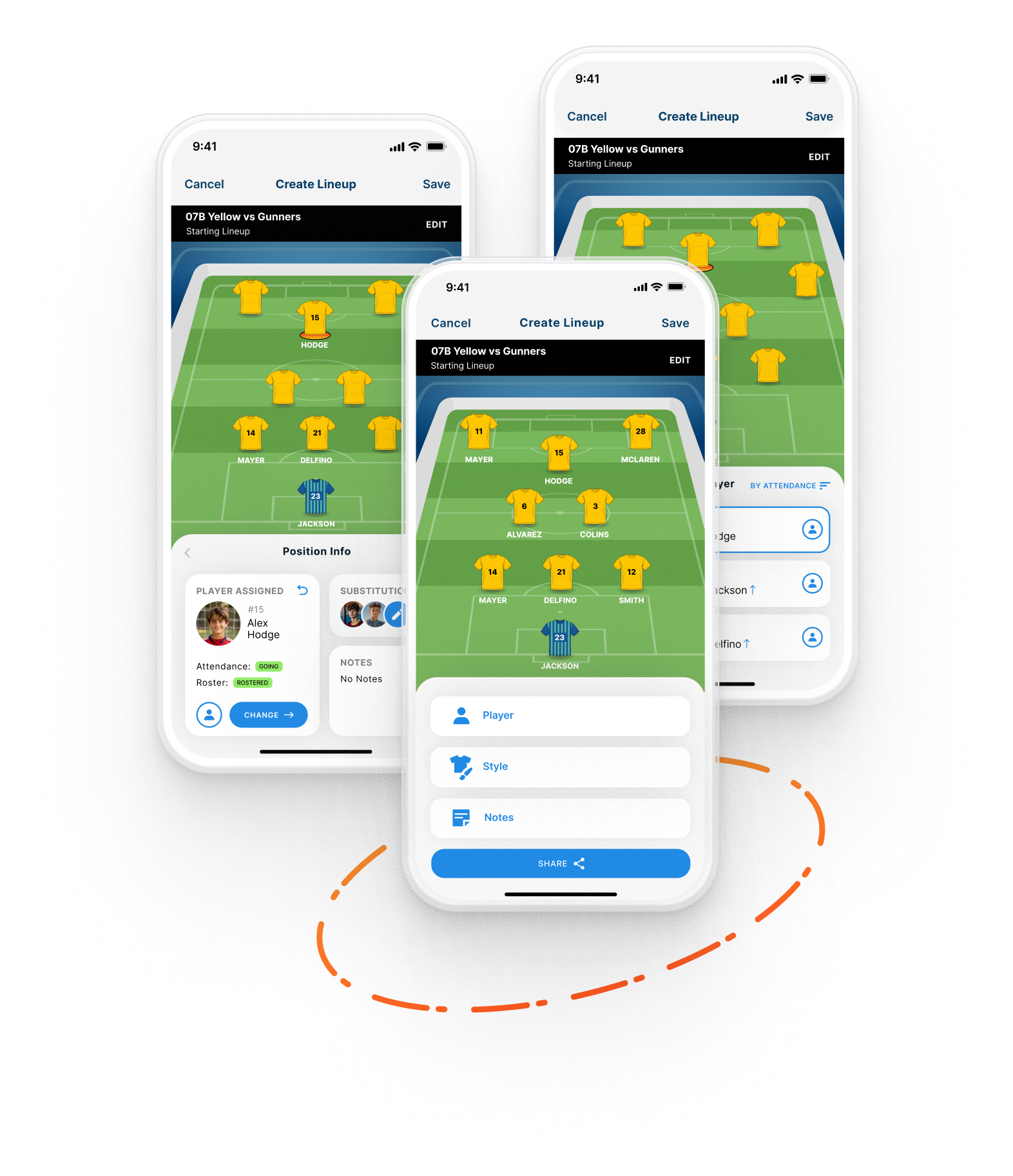 Byga youth sports club management mobile view of lineup builder with formations, player select, and sharing options