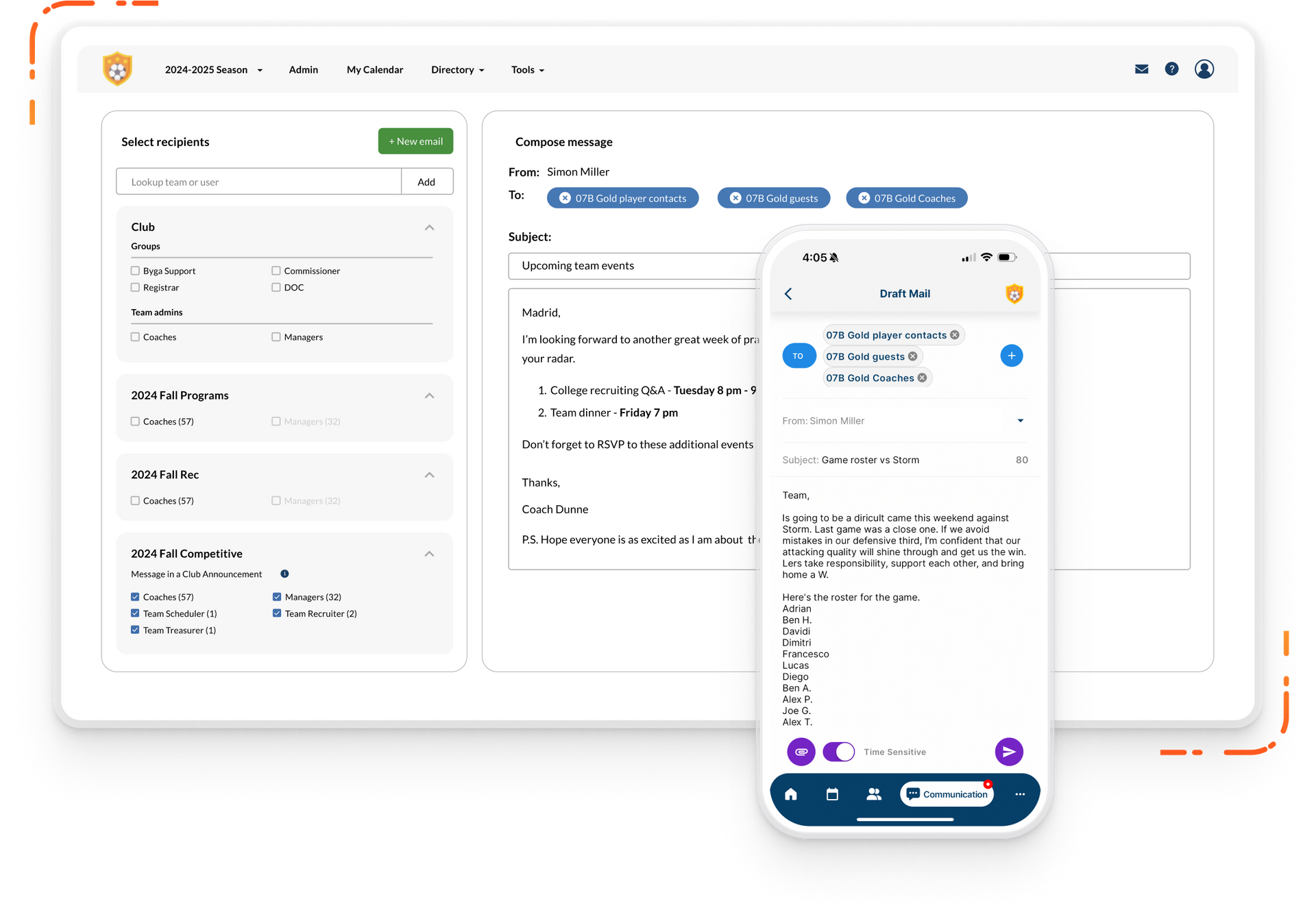 Byga youth sports club management communication options and chat