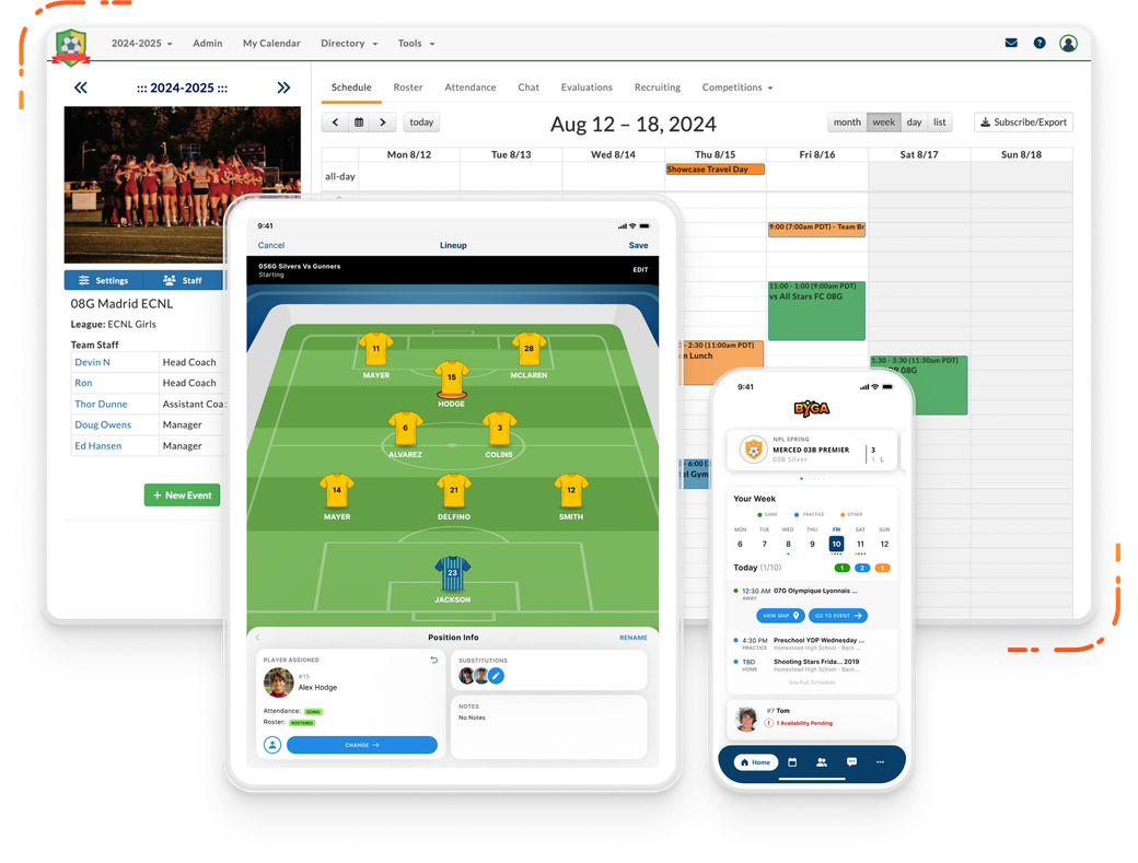 Multiscreen View of Byga Byga Youth Sports Club Management shown in Tablet, Phone, and Laptop with attendance and tryouts