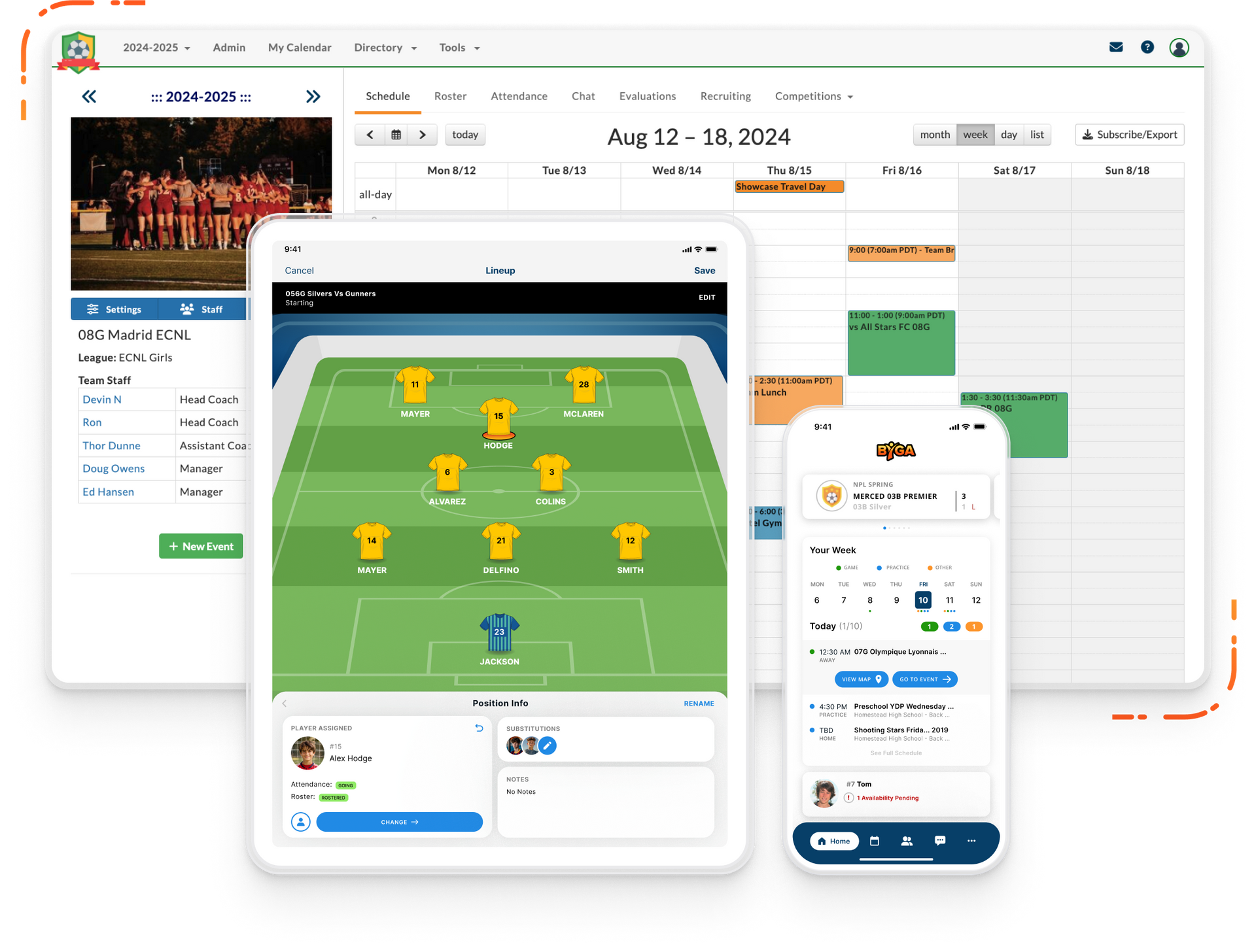 Byga Youth Sports Club Management shown in Tablet, Phone, and Laptop with attendance and tryouts