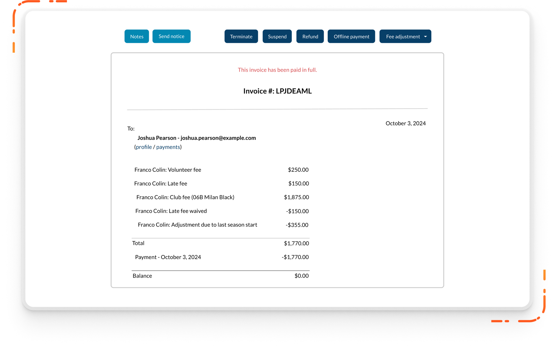 Byga invoice Byga youth sports club management laptop with detailed invoice with line items from registration process