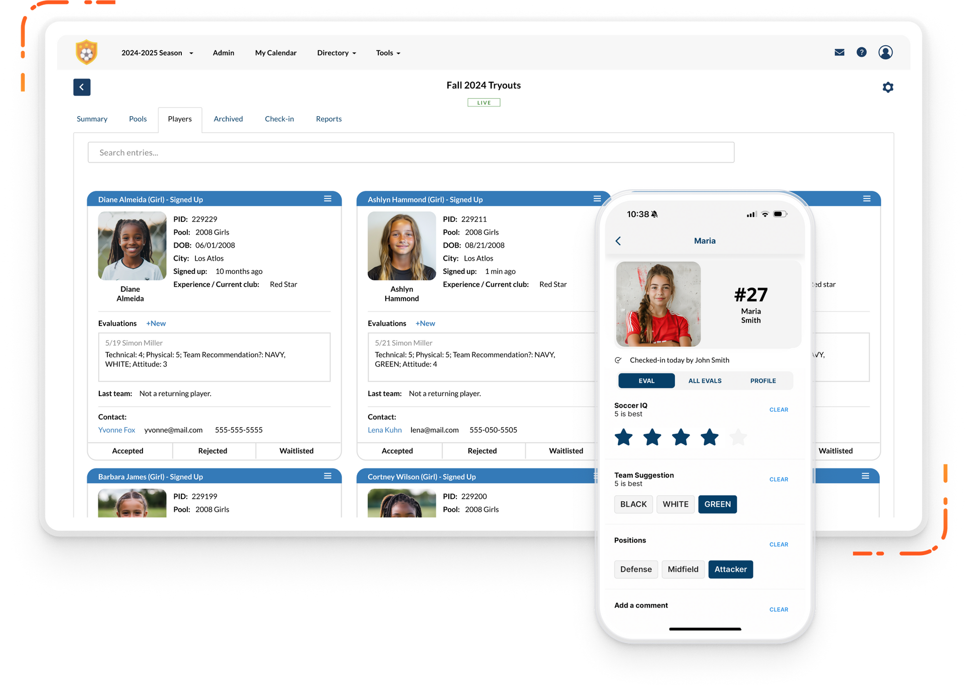 Byga tryout player evaluations Byga youth sports club management laptop and mobile view of tryout player evaluations