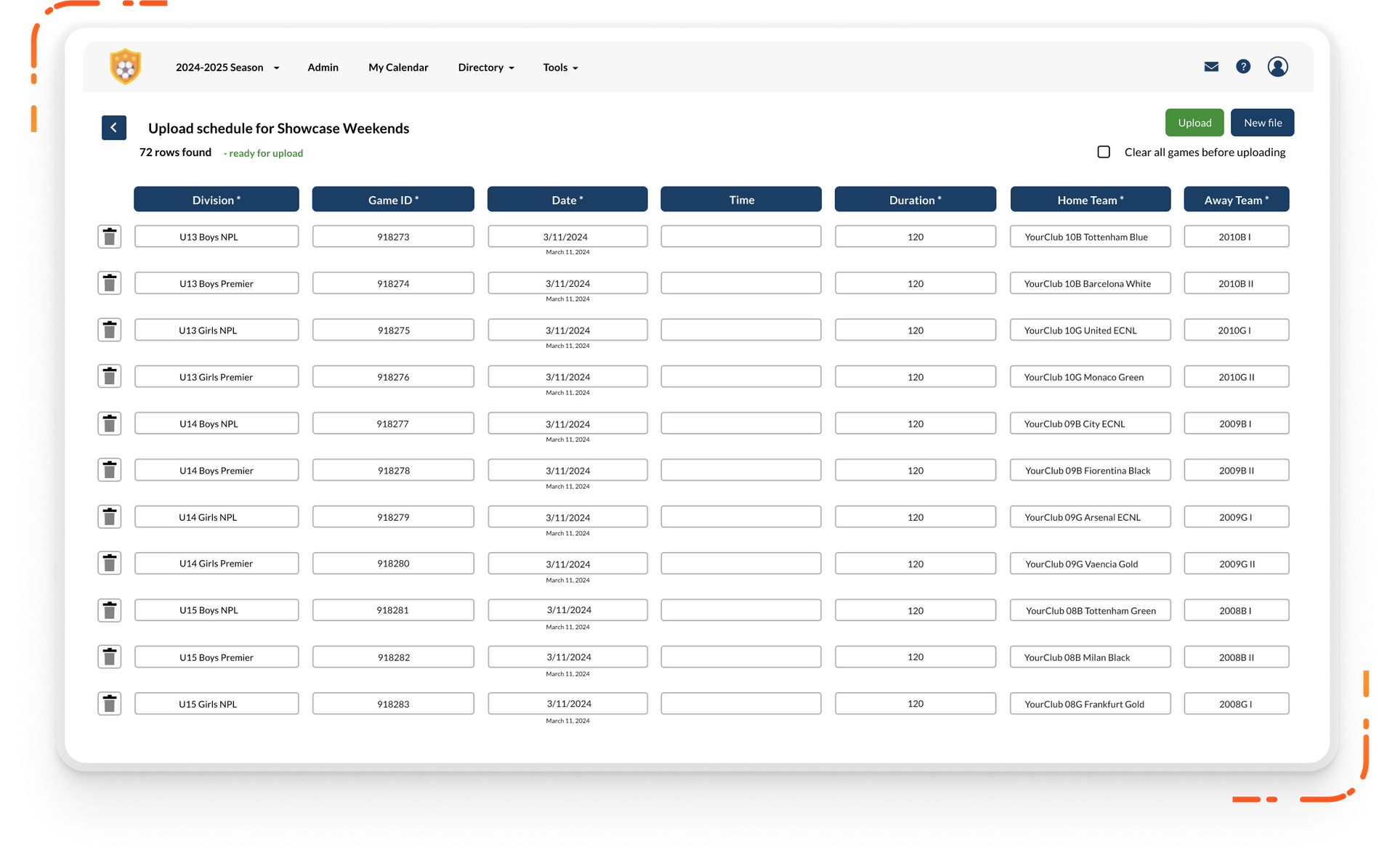 Byga event upload for internal league scheduling