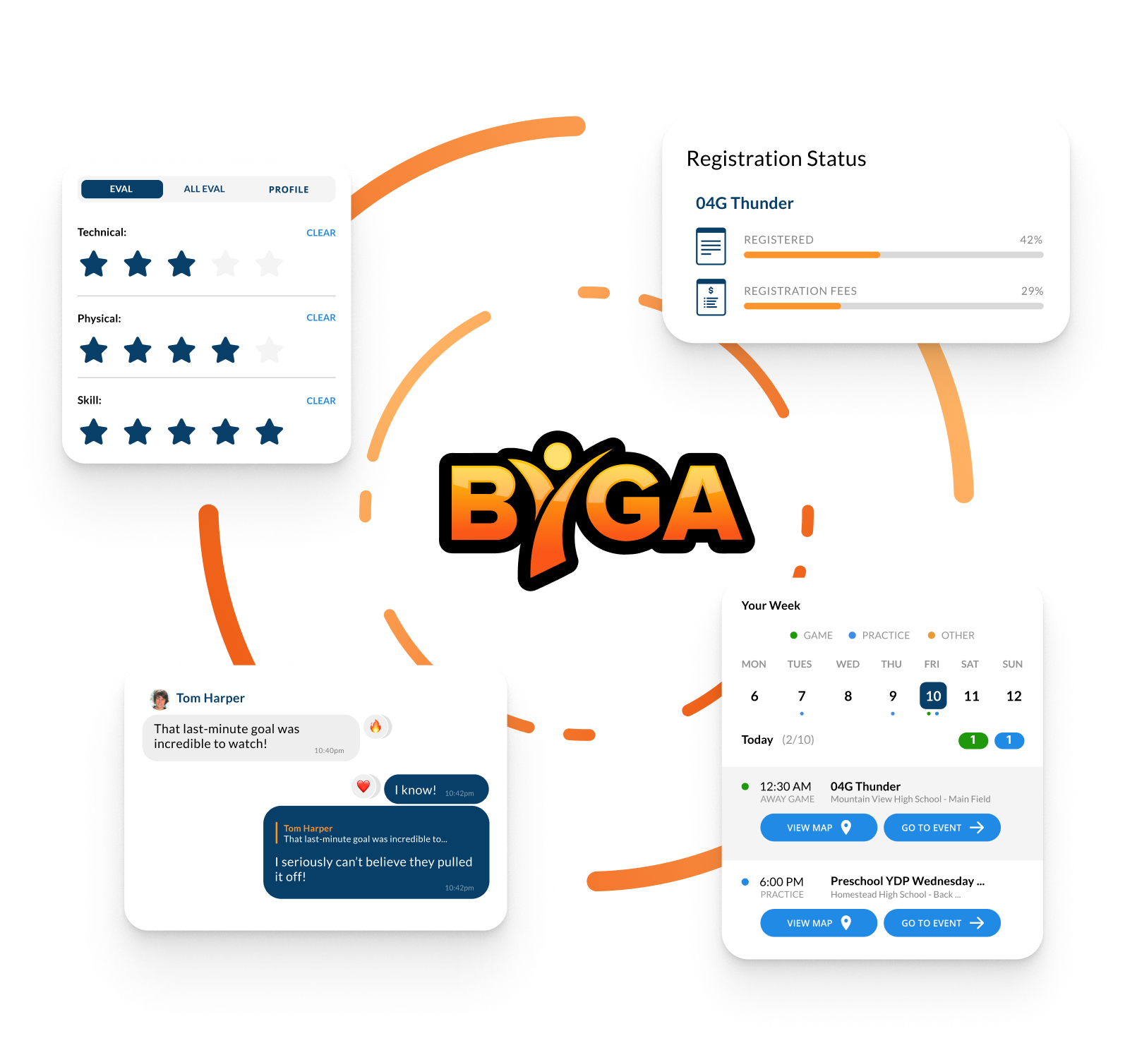 Byga sport management app features including tryouts, evaluations, registration, scheduling and team or club communication
