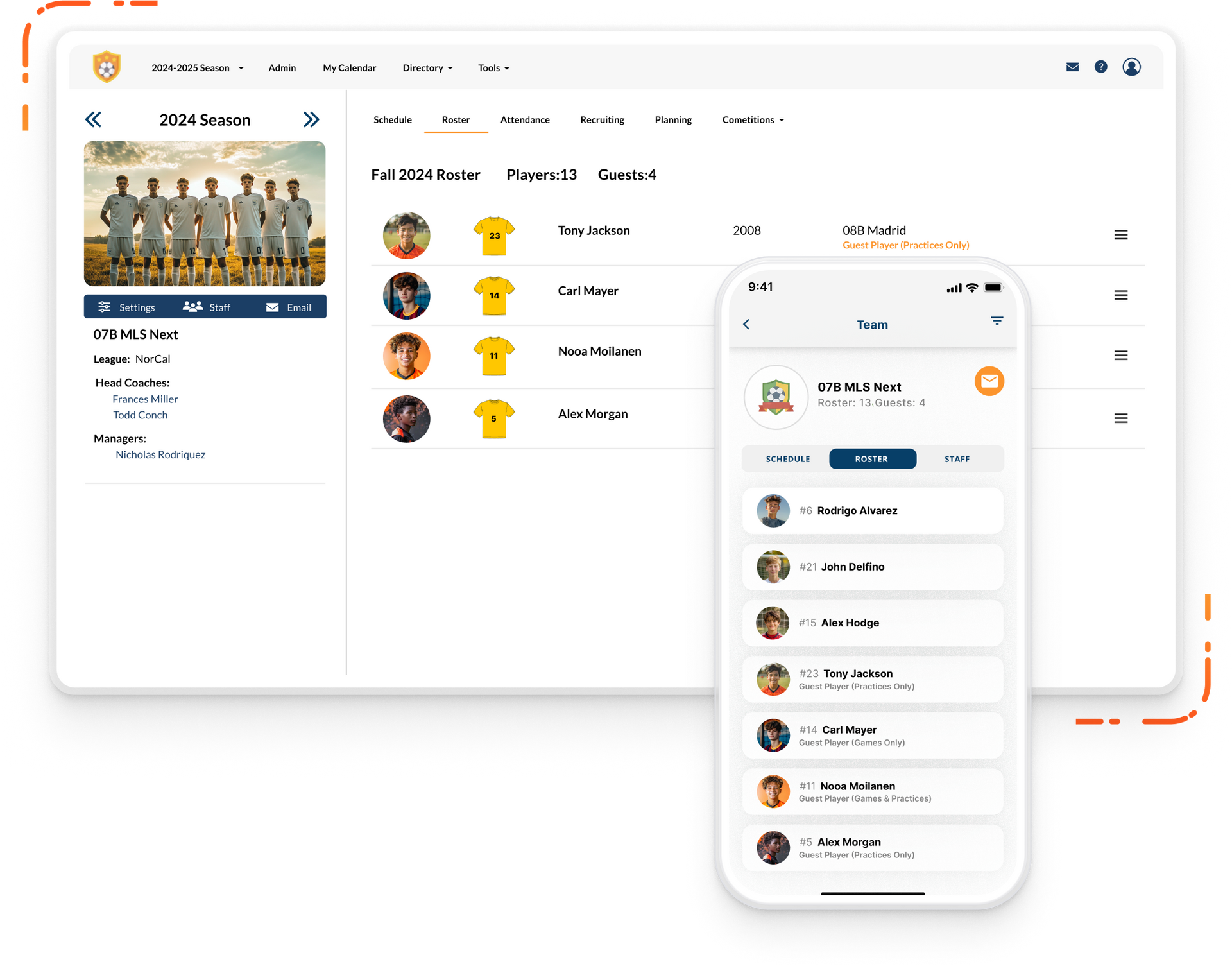 Byga guest player management Byga youth sports club management laptop and mobile showing guest players on teams