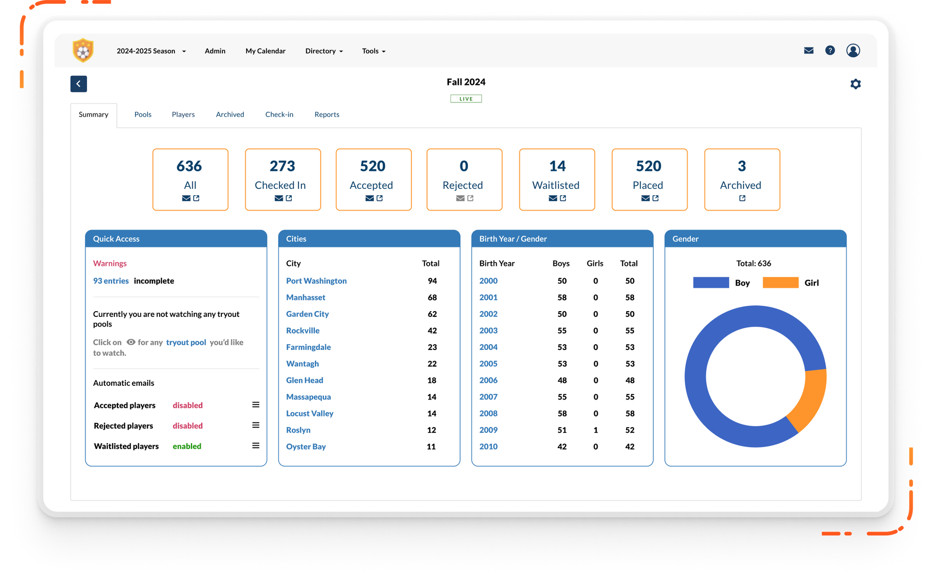 Byga tryouts dashboard Byga youth sports club management app with tryout dashboard shows number of players and different segments for communication