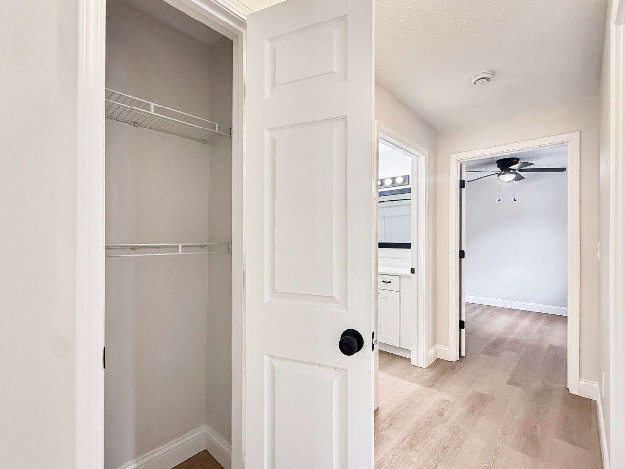 Open closet in a bright hallway with white doors and light wood floors