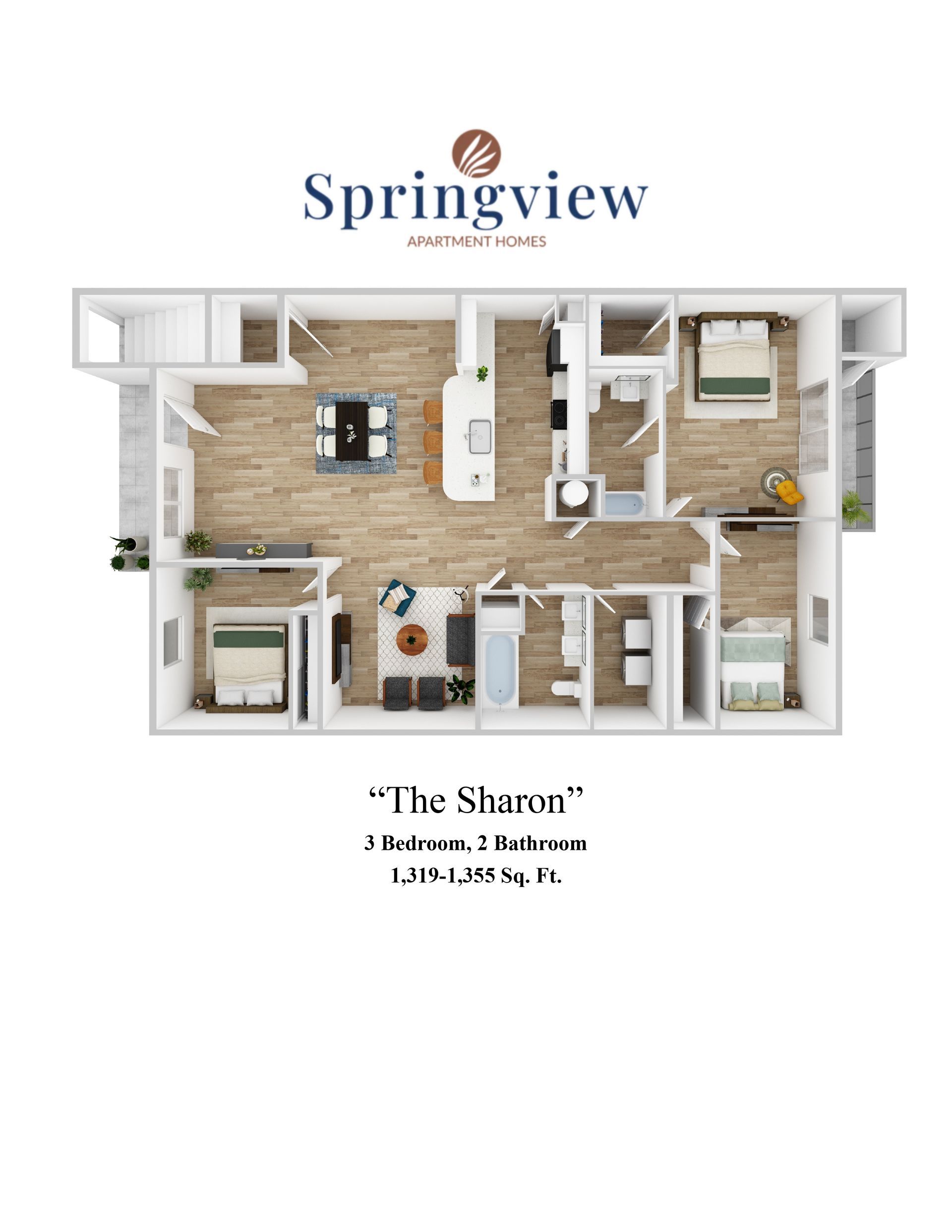Apartment floor plan labeled “Springview” with a top-down layout, furniture, and rooms shown.