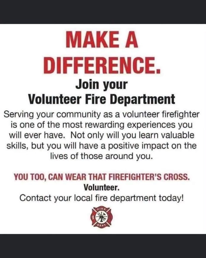 Red poster: “Make a Difference” volunteer firefighter recruitment ad for local fire department.