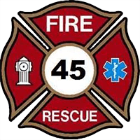 Fire Rescue emblem with number 45, red shield and crossed axes, fire hydrant and blue star of life icons