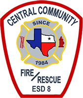 Central Community Fire Rescue ESD 8 emblem with Texas outline and red-white-blue shield, since 1984