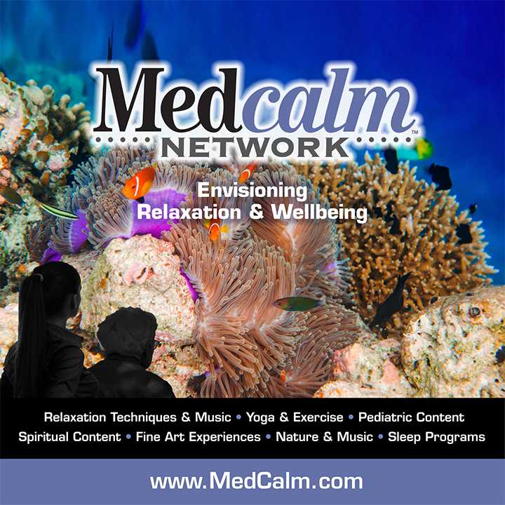 MedCalm Network ad. Underwater scene with fish, coral, and people silhouettes, promoting relaxation, yoga, and sleep programs.