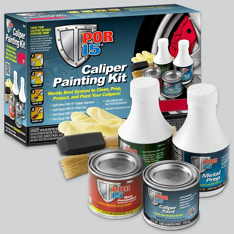 POR-15 Caliper Painting Kit: Contains paint cans, bottles, prep solution, brush, sponge, gloves, instructions.