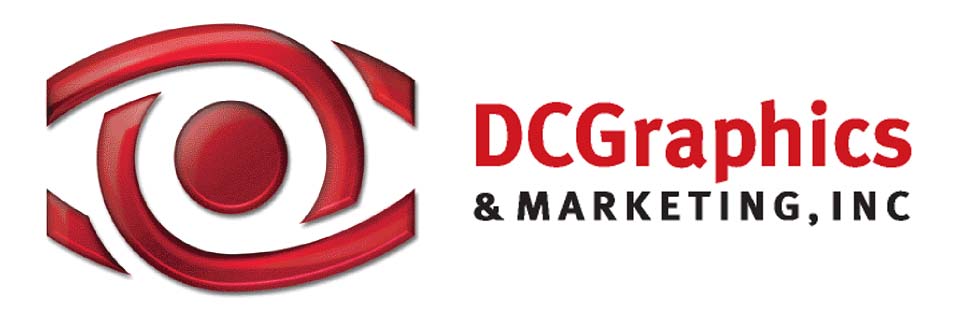 Red eye-shaped logo with 