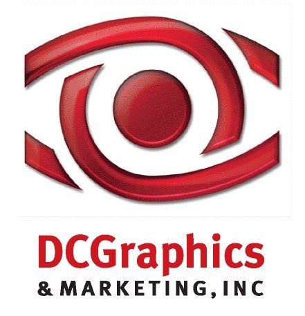 Red eye-shaped logo above text: DCGraphics & MARKETING, INC.