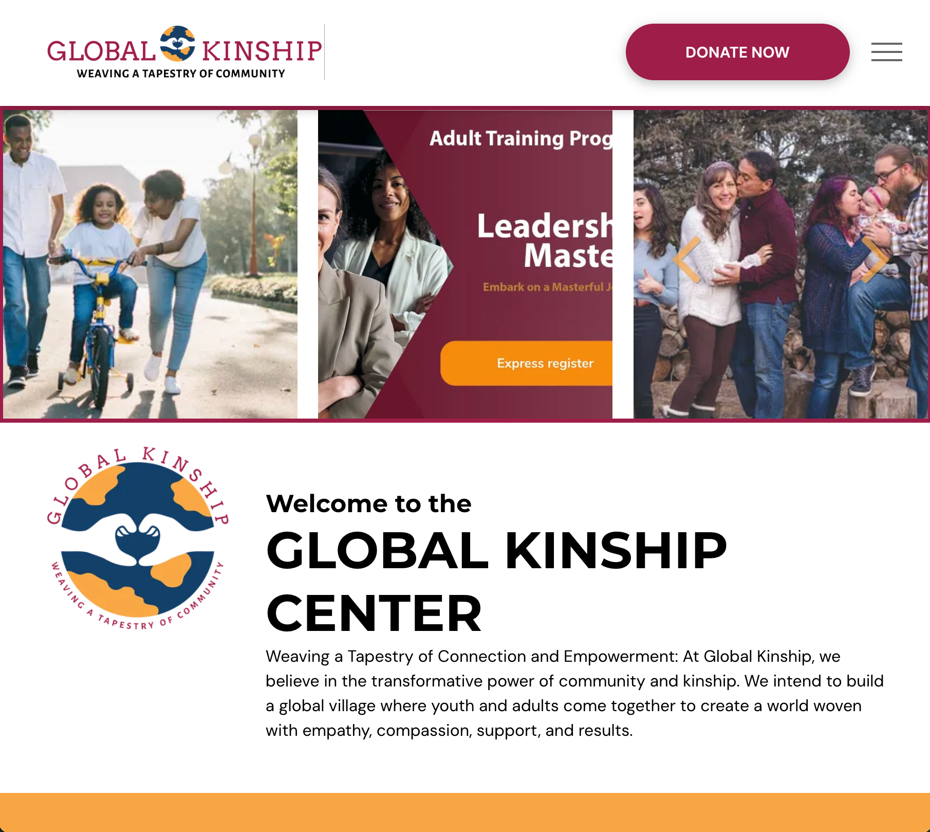 Website homepage for Global Kinship Center with diverse people, logo, and adult training program advertisement.